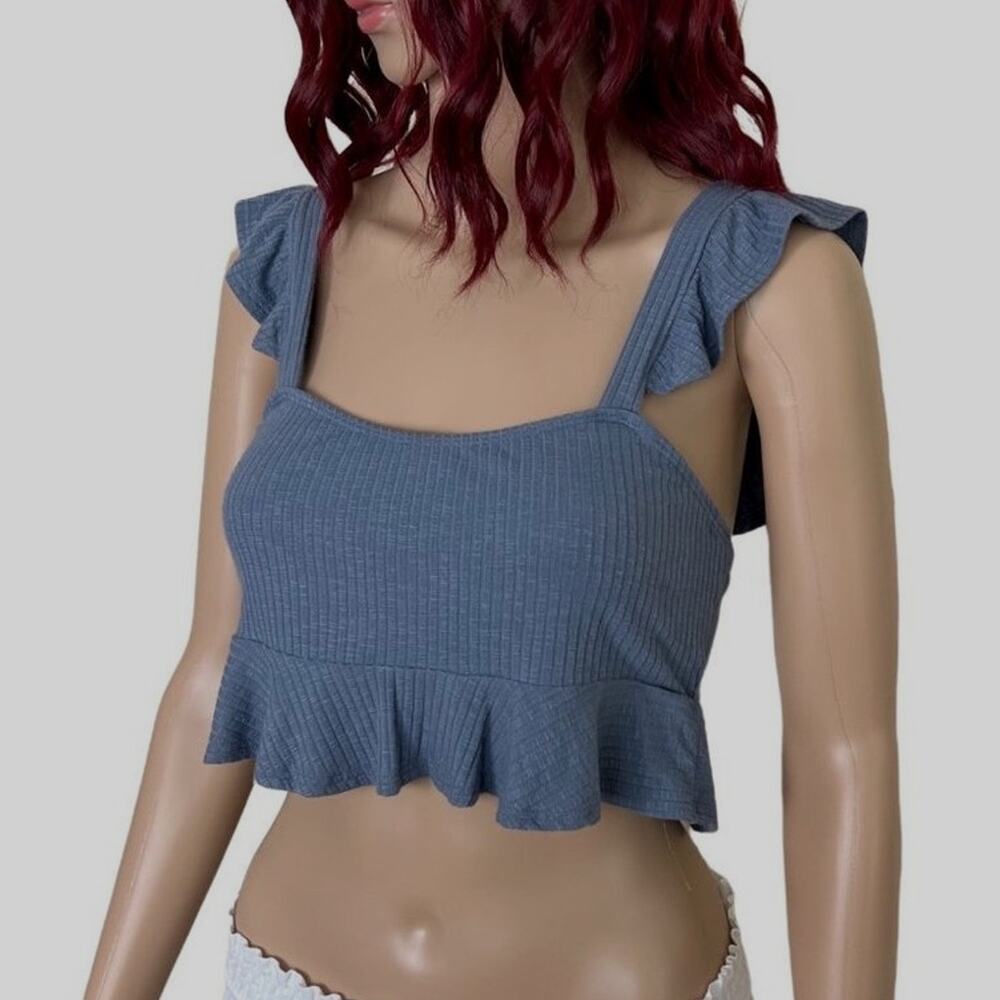 Urban Outfitters Ribbed Ruffle Crop Top Medium Dusty Blue
